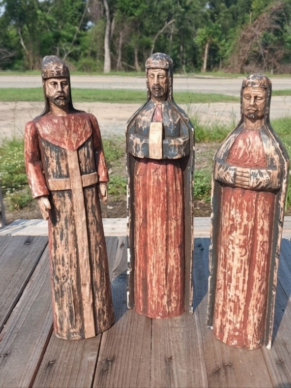 Vintage Hand Carved Wood Wise Men Statues Set of 3 Rustic Folk Art